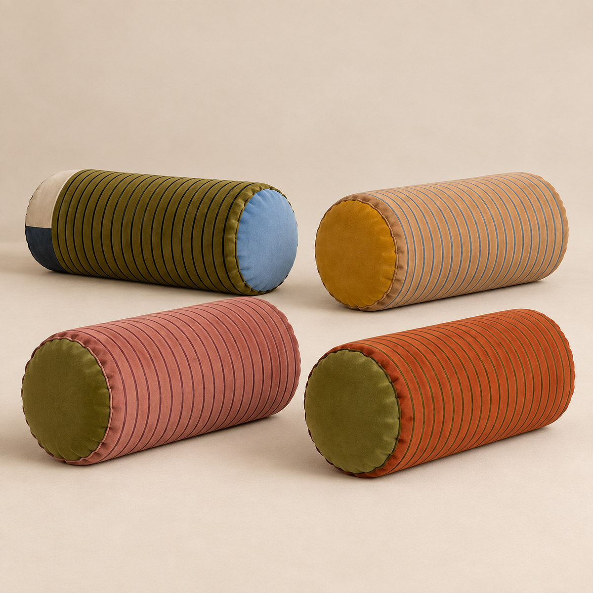 Four Sovana velvet neck-roll pillow colourways arranged for comparison