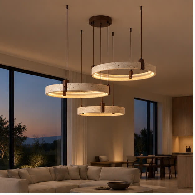 TerraStone pendant in an open-plan living room at dusk